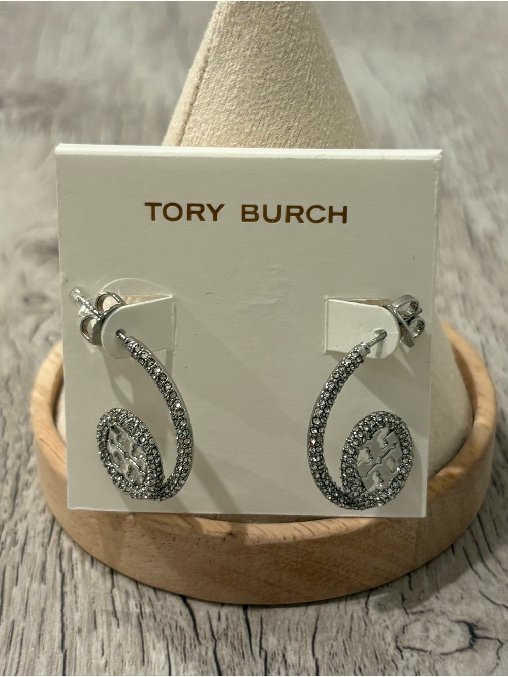 Tory Burch Silver Crystal Spiral Logo Hoop Earrings